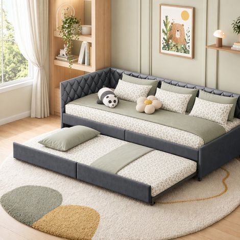 Canapé convertible 2 places en velours, lit gigogne capitonné 90/180x200 cm, Canapé clic clac avec cadre métallique, sommier à lattes, Canapé 2-en-1 pour chambre ou salon, Gris