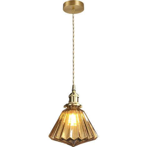 Suspension Vintage Dorée avec Abat-jour en Verre, Design Géométrique, Douille E27 avec Interrupteur Rotatif, Idéale pour la Cuisine et la Salle à Manger (Ambre) (1/5)