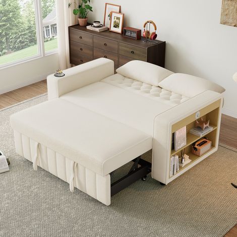 Canapé pliant moderne pour 2 personnes - Avec porte-gobelets - Avec ports de charge USB - Avec coussins - Beige (1/5)