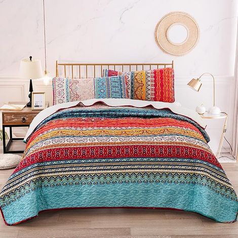 Filiyano-Couvre-lit matelassé bohème double 3 pièces patchwork réversible doux (1/5)