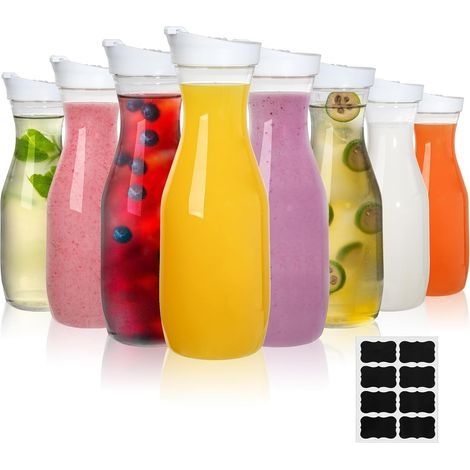 Lot de 8 carafes à eau en plastique transparent de 1 litre avec couvercle à rabat, col étroit pour jus, eau, thé glacé, lait, limonade et mimosa (1/5)