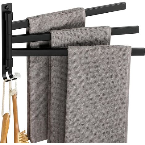 SAYAYO Porte Serviette avec 3 Barres 180° Rotatives, Support Sèche-Serviettes Mural en Acier Inoxydable SUS304, Idéal pour Salle de Bain et Cuisine, Noir Mat Montage par Vis, EGKN2520HD-3-B (1/5)