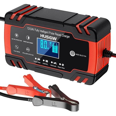 Chargeur de Batterie Intelligent 12V/24V 8A, Chargeur Batterie Mainteneur et Automatique Réparation Fonction Portable avec Écran LCD, pour Voiture Moto Camion, AGM, Gel, Wet, SLA(8-100AH) (BlackRed) (1/5)
