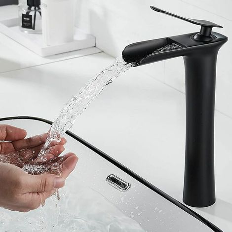 royaluxe -Modern Robinet Lavabo Noir Haut, Robinet Salle Bain Cascade avec Bec Haut, Mitig Lavabo Noir en Laiton, Eau Chaude et Froide Disponible, économie D'eau Robinet pour lavabo et vasque (1/5)