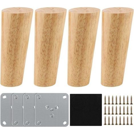 Pieds de Meuble Bois de Rechange 12cm,Lot de 4 Pieds de Meuble en Bois Pieds de Meuble avec Plaque de Montage Vis et Tapis antidérapant Pieds de Meuble Bois Pieds de Canapé Bois pour Lit et Chaises (1/5)
