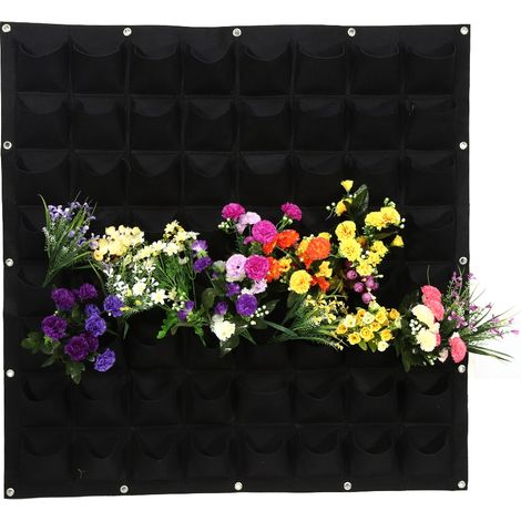 Vertikaler Pflanzbeutel aus Filz mit 64 Taschen für den Außenbereich, zum Aufhängen an der Wand (Schwarz) (1/5)