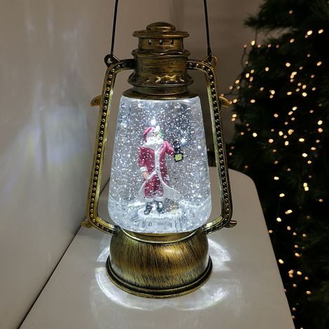 24cm Christmas Water Spinner Antique Gold Effect Hurricane Lantern Style with Santa Scene (1/4)