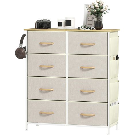 Commode de chambre à coucher avec 8 tiroirs en tissu, montants en acier, plateau en bois, 4 poches de rangement, 2 crochets, beige
