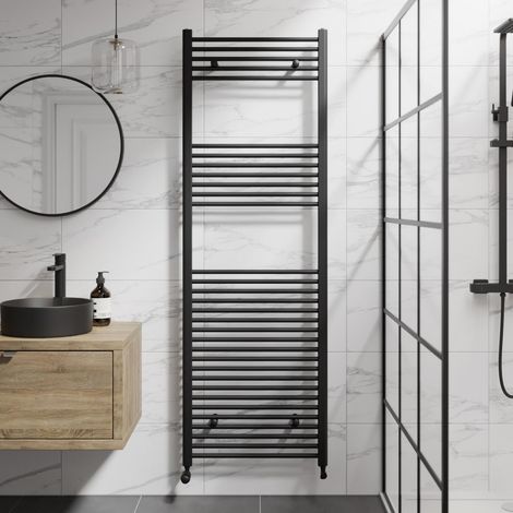 DuraTherm Matt Black Flat Straight Heated Towel Rail Bathroom Radiator Designer 1800 x 600mm