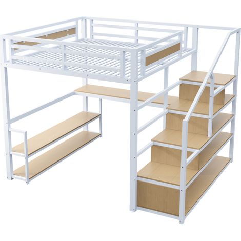 Lit mezzanine métallique 140200 avec escalier de rangement, étagères et table, design de garde-corps de sécurité avec lattes métalliques assemblées, lit haut en fer avec cadre métallique pour un souti (1/5)