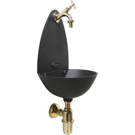Fontana a muro Palma colore grigio ghisa per casa giardino con rubinetto e sifone con piletta in ottone scegli la finitura : lucido