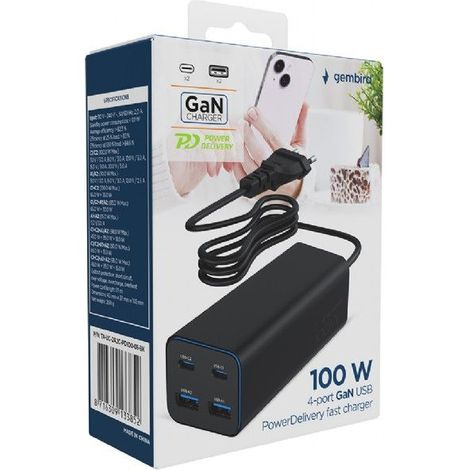 Cargador rÃ¡pido USB PowerDelivery GaN de 4 puertos y 100 W, negro