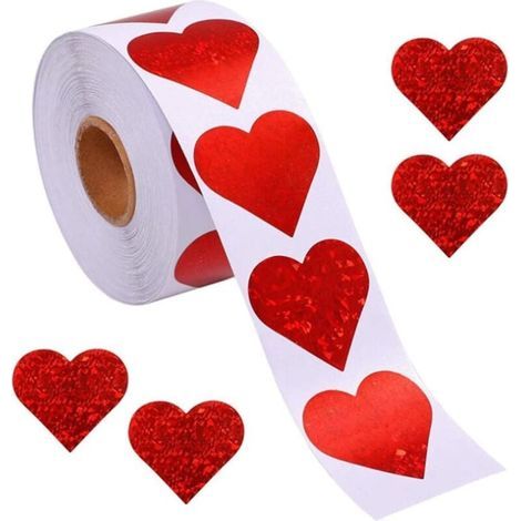 Pegatinas de corazones con purpurina, rollo de pegatinas de corazones rojos, etiquetas de corazones para cumpleaños y bodas (500 piezas/rollo) (1/4)