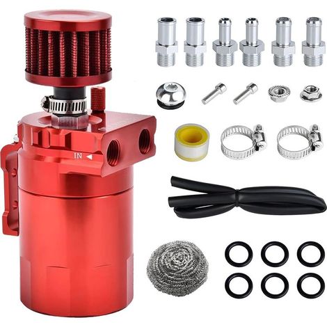 Réservoir de récupération d'huile moteur pour voiture, 300 ml, en aluminium, séparateur de filtre à air universel, avec filtre à air, tuyau et autres accessoires (rouge) (1/5)