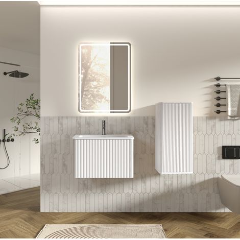 Set mobili bagno moderno con specchio LED, lavabo e mobile laterale, bianco (1/5)