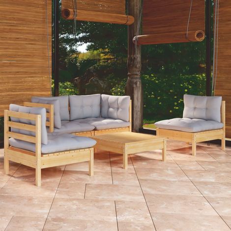 FIMEI Salon de jardin 5 pcs avec coussins gris Bois de pin massif (1/5)