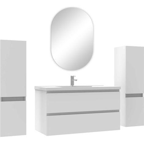 Ocean ensemble meubles Salle de Bain avec colonne + miroir ovale mural 100cm meuble blanc (1/4)