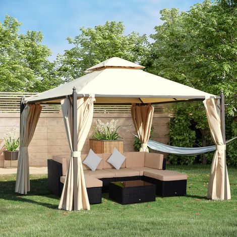 Gartenpavillon (3 x 3 m) mit 4 seitlichen Markisen und Doppeldach in Beige
