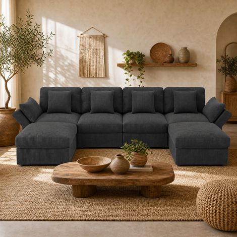 Canapé d'angle modulable en U 290x159,5x89 cm, 4 à 6 places, accoudoirs réglables, tissu corduroy - gris (1/5)