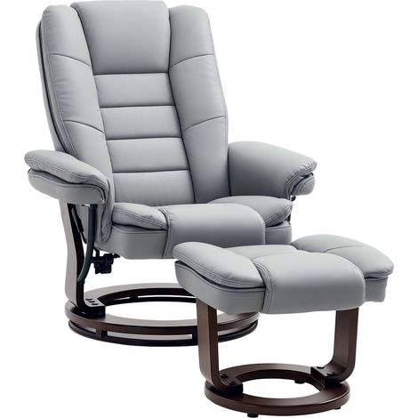 Recliner Chair With footstool, Recliner Armchair up to 130kg Weight Capacity, 135° Reclining Swivel Sofa Chair, PU Leather Ergonomic Couch Bed with Swivel Wood Base for Living Room, Grey (1/5)