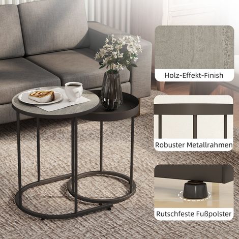 Lot de 2 tables basses gigognes, design plateau, métal gris, empilables pour salon (1/5)