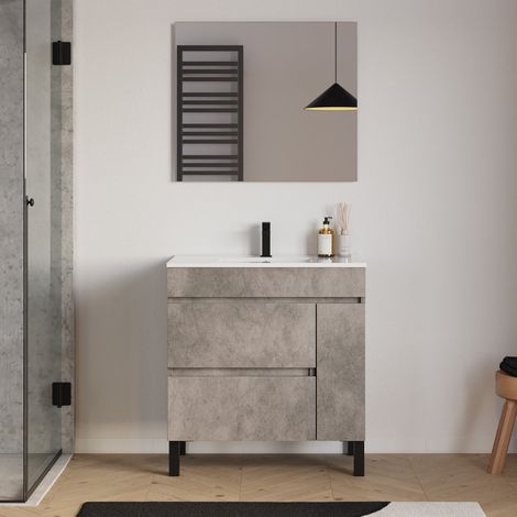 Meuble de salle de bain 70cm simple vasque sur pieds avec porte et tiroirs - ciment (gris) - LAZARO (1/5)