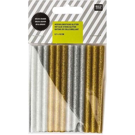 Recharges de colle à paillettes Rico Design - Doré et argenté - 12 bâtonnets - 7 mm
