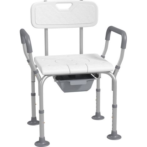 Chaise de douche percée réglable, siège WC avec seau, pieds antidérapants, charge max 136 kg, aluminium HDPE blanc, confort et sécurité élevés.