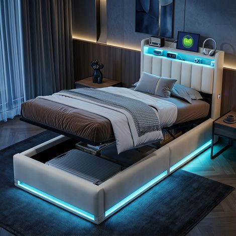 Lit coffre 90x200 cm avec sommier à lattes - cadre de lit simple adulte enfant avec éclairage led rgb et tête de lit de rangement avec prise usb type-c - velours beige (1/5)