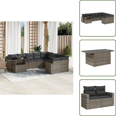 The Living Store Salon de jardin avec coussins 10 pcs gris résine tressée - Ensemble Salon De Jardin - Mobilier De Jardin - Salon Extérieur - Set Salon - Chaise Longue
