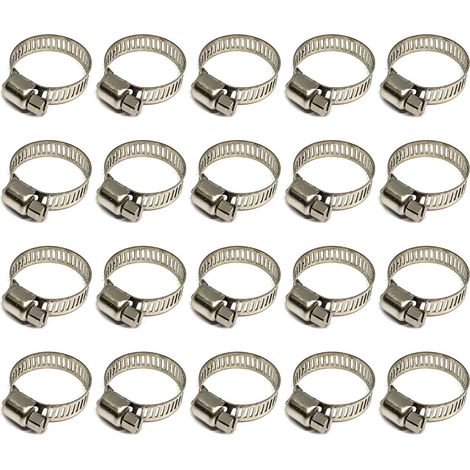 Collier de durite 20 pièces en inox 304 pour tuyau souple de diamètre extérieur 16-25 mm, largeur de clip 8 mm, collier de serrage robuste et résistant à la rouille