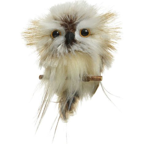 Kaemingk – Suspension de Noël hibou assis sur une branche, blanc et marron, 9 cm, polyester