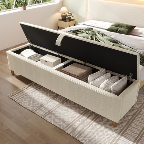 Banco de cama con almacenamiento hidráulico (145x38x46 cm), tapizado en pana, madera, beige (1/5)