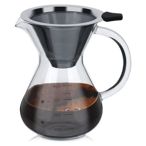 Cafetière manuelle en verre borosilicate 0,4 L – Filtre permanent en acier inoxydable – Service fluide sans éclaboussures (1/5)