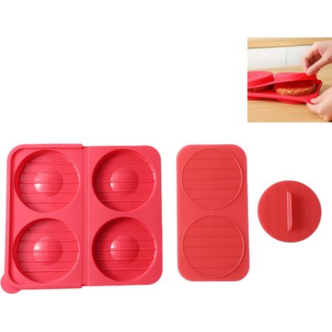 Prensa de silicona para hamburguesas - recipiente congelador para hamburguesas - Prensa para hamburguesas - Libre de BPA - para asar a la parrilla, barbacoa y preparación de comidas - Rojo - 26×24cm (1/5)