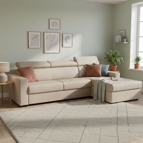Talamo Italia Sofa cama Alberta, Sofá de esquina, 100% Made in Italy, Sofá con apertura giratoria, con Península de Contenedores a la Derecha, con reposabrazos estándar, Cm 280x95h85, Beige, con embal (1/5)