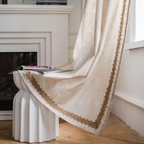 JSSEVN - Vintage Linen Cotton Curtain 1pc Pack Beige Boho Country Style Semi-Shade Embroidered Curtain (Size: 140xH200cm (59x79inch), Rod Pocket) (1/5)