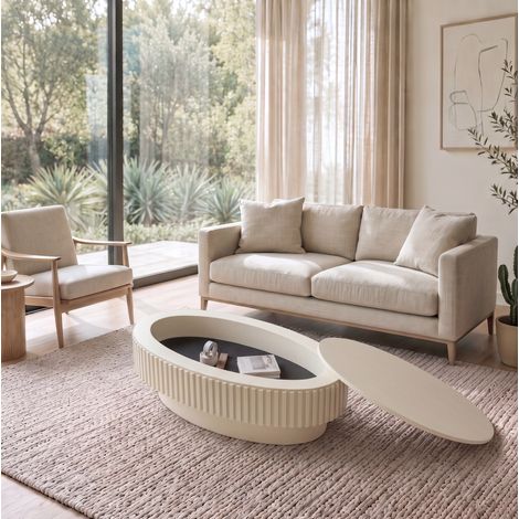 Table basse ovale 98x60x35 cm en MDF avec placage bois crème, avec rangement pour salon FloraGrace (1/5)