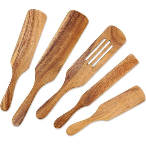 Pentole e padelle in legno, set di spatole in legno come visto in TV, set da 5 pezzi di utensili da cucina Spurtle in legno di acacia naturale, antiaderenti resistenti al calore (1/5)