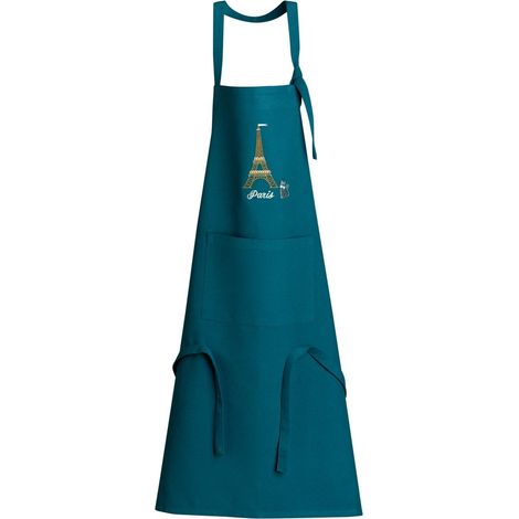 Tablier de cuisine recyclé Tour Eiffel avec poche coloris paon 85 x 72 cm - PANGIVO