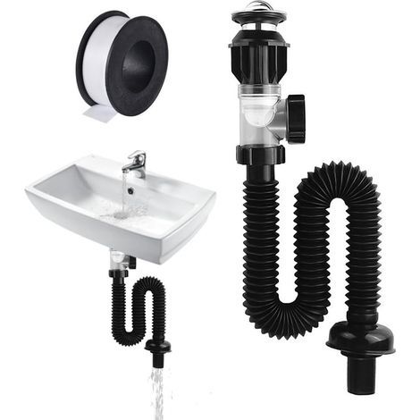 Kit de siphon pour évier, ensemble de vidange avec ruban adhésif étanche de 15 m, siphon compact pour éviers de cuisine et de salle de bain, pour bondes de 30 à 32 mm de diamètre. (1/5)
