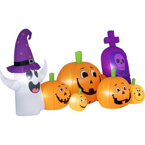 Citrouille gonflable d avec pierre tombale fantôme pliable 240 x 130 x 130 cm multicolore pour salon d'Halloween fantôme, lumières LED, indice protection IP44 gonfleur inclus, (1/5)