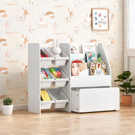 Blanc Meuble rangement enfant 6 bacs et coffre à roulettes MDF (1/5)