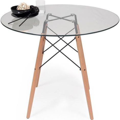 Mesa de cocina o comedor redonda TOWER VINTAGE 90 sobre de cristal de 90 cm y patas de madera de haya (1/4)