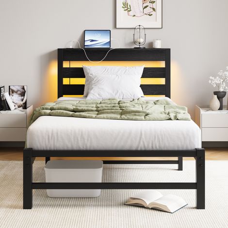 Letto 90x200 cm - struttura in metallo, con testiera con LED, ricarica USB - senza materasso - Nero (1/5)