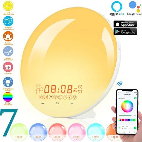Smarter WLAN-LED-Wecker mit Tageslichtfunktion, digitalem Wecker, FM-Radio, Nachttischlampe, Geschenk für Kinder und Erwachsene, App-Steuerung und Alexa-Fernbedienung