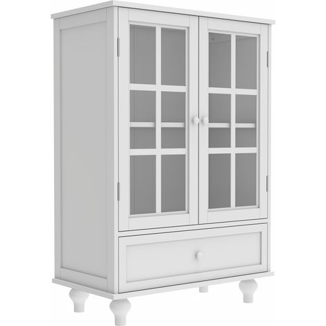Aparador 71x38x93 cm de MDF blanco, puertas de cristal y cajón – MEUBLIV (1/5)