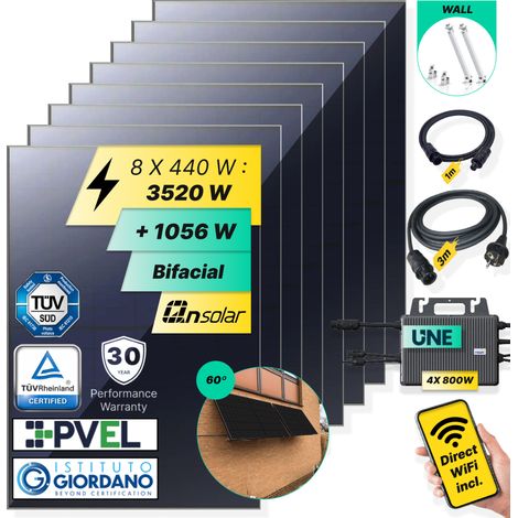 ROBINSUN®️ Kit Solar Enchufable Performance Wall 3.520Wp, 8 paneles QN 440Wp +4 Microinversores 800W con Wifi incluído+ Cable 3m +8 Fijaciones 60º (1/5)