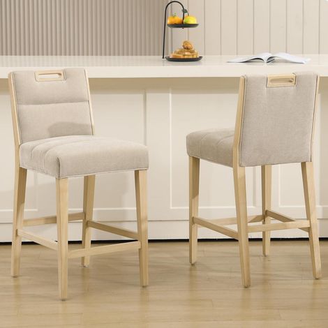 Lot de 2 tabourets de bar en chenille beige avec poignée et repose-pieds (1/5)