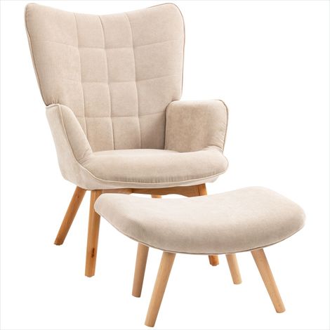 Fauteuil en tissu velours côtelé beige avec repose-pieds (1/5)